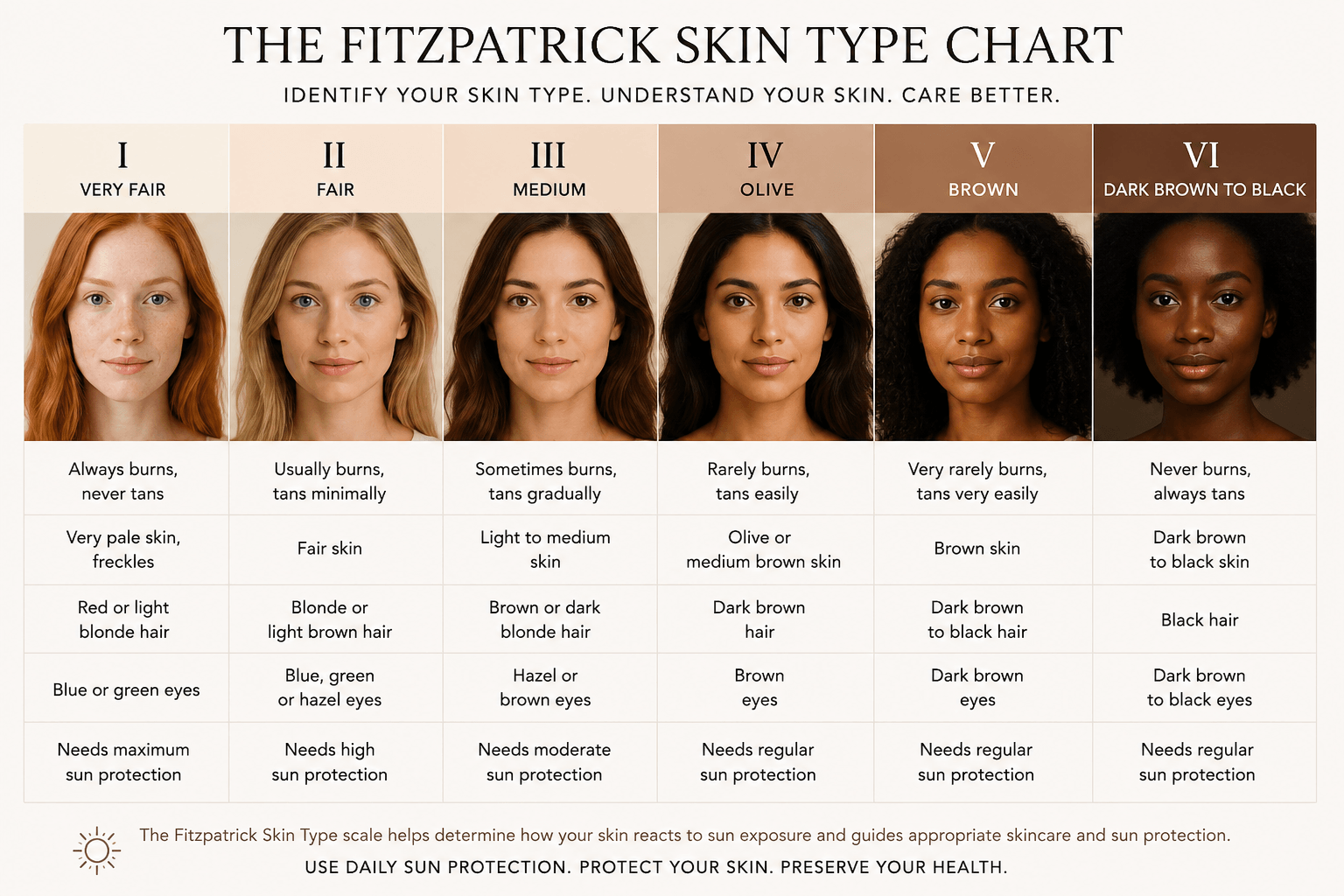 Fitzpatrick Skin Type Chart used to identify skin types and determine skin lightening goals.